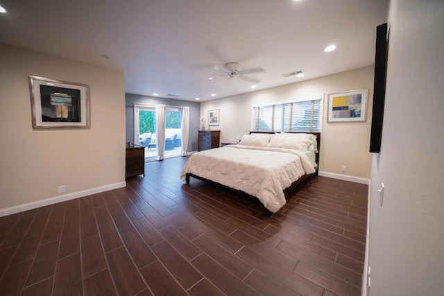 bedroom featuring ceiling fan and access to outside