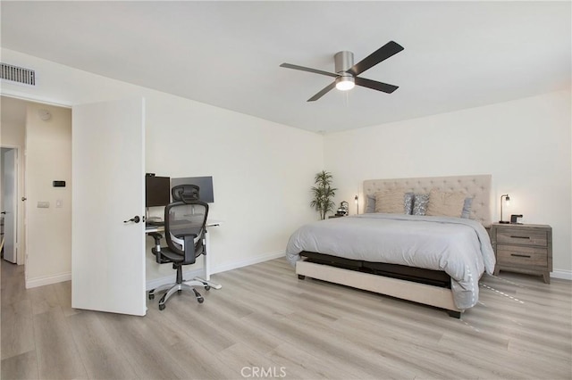 bedroom with ceiling fan and light hardwood / wood-style floors