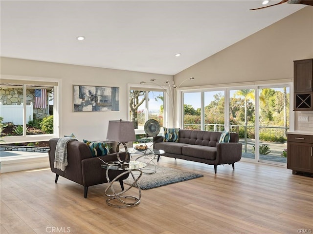 living room with vaulted ceiling and light hardwood / wood-style floors