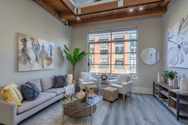 living room featuring wood ceiling, rail lighting, and beamed ceiling