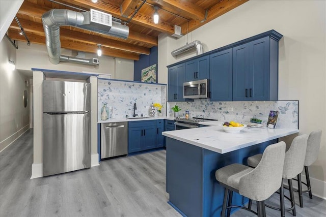 kitchen with appliances with stainless steel finishes, tasteful backsplash, blue cabinetry, wooden ceiling, and beam ceiling