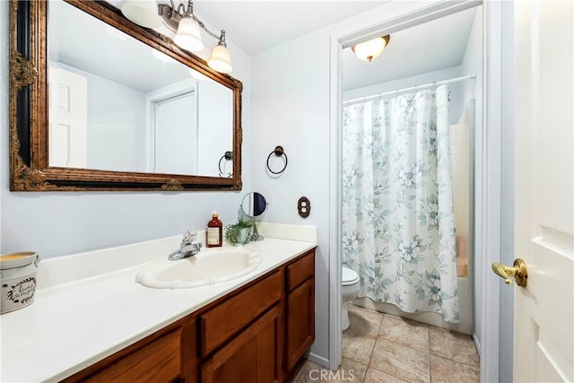 full bathroom featuring tile patterned flooring, vanity, shower / tub combo, and toilet