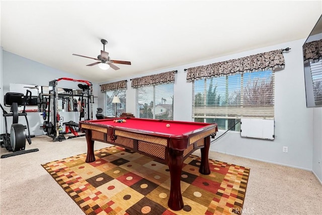 game room featuring ceiling fan, carpet flooring, vaulted ceiling, and billiards