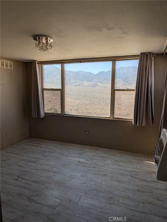 spare room with a mountain view, light hardwood / wood-style floors, and a healthy amount of sunlight