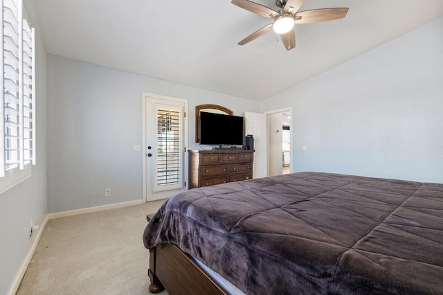 bedroom featuring ceiling fan, light colored carpet, lofted ceiling, and access to outside