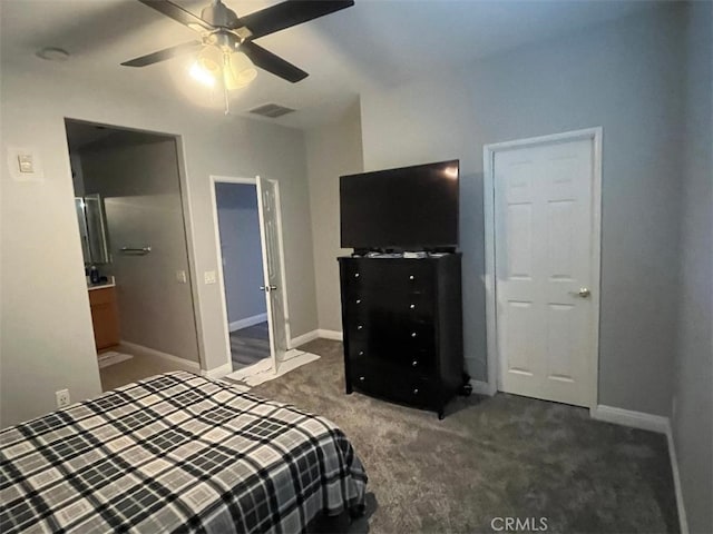 bedroom featuring ceiling fan and dark colored carpet