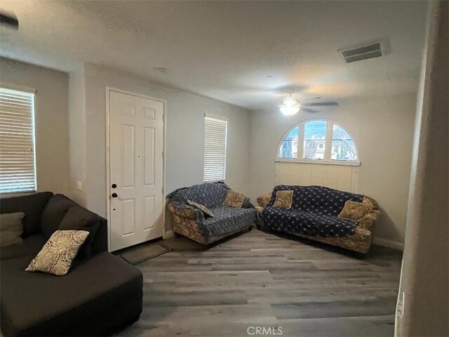 living room featuring ceiling fan and wood-type flooring