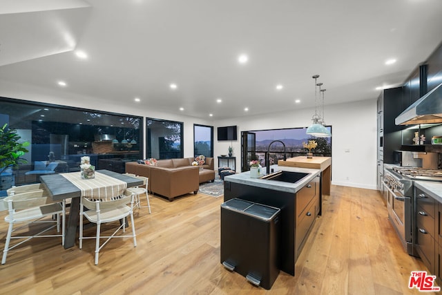 kitchen featuring sink, a kitchen island with sink, light hardwood / wood-style floors, and range with two ovens