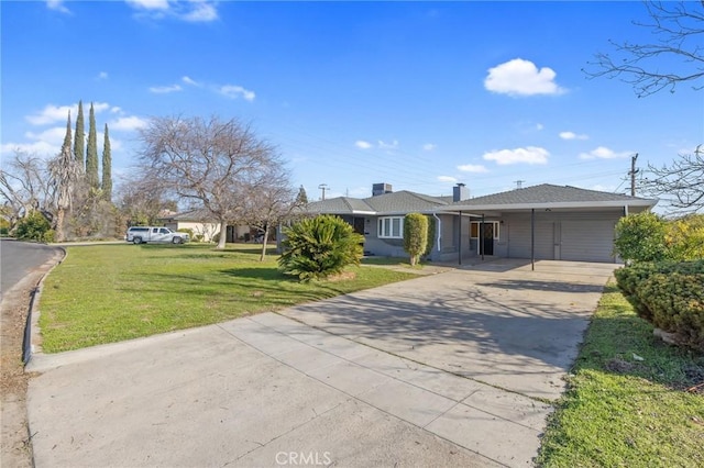 single story home featuring a front lawn and a carport