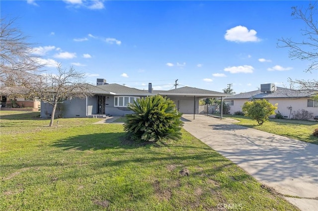 ranch-style home with central AC unit, a front lawn, and a carport