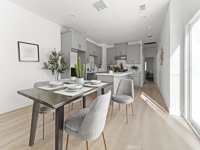 dining space featuring sink and light hardwood / wood-style flooring