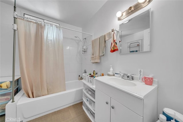 bathroom with vanity and shower / tub combo with curtain