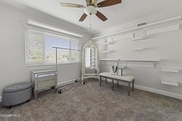 misc room featuring ceiling fan and carpet flooring