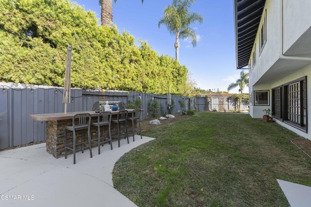 view of yard with a patio and an outdoor bar