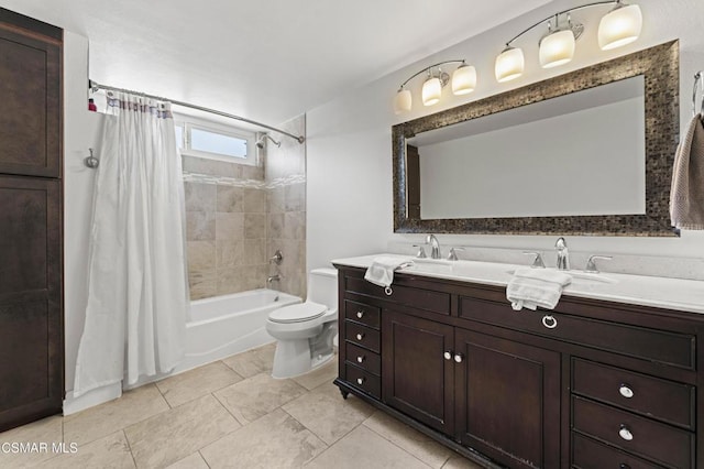 full bathroom featuring toilet, vanity, and shower / bathtub combination with curtain