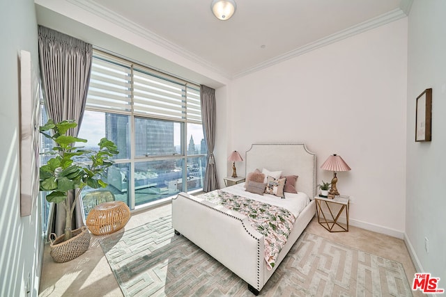 carpeted bedroom with multiple windows and ornamental molding