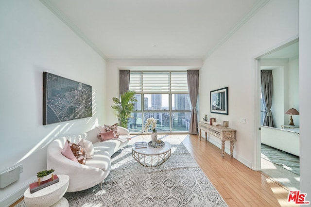 living room featuring crown molding and hardwood / wood-style floors