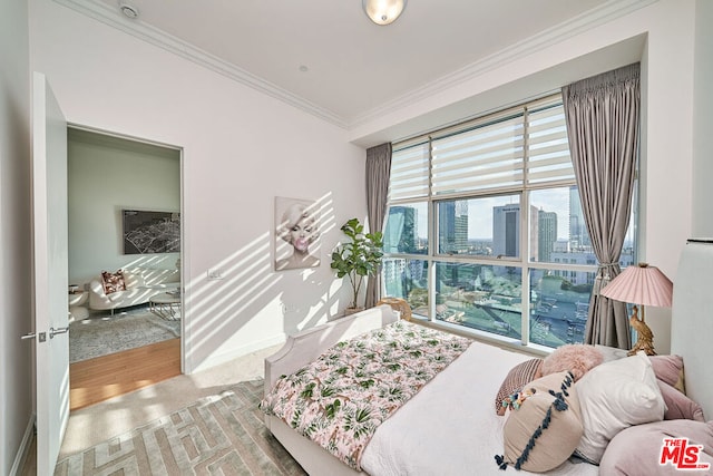 bedroom with crown molding