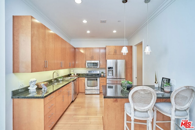 kitchen with pendant lighting, sink, crown molding, light hardwood / wood-style flooring, and appliances with stainless steel finishes