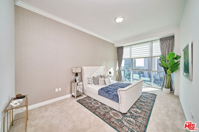 bedroom with light carpet, access to outside, and crown molding