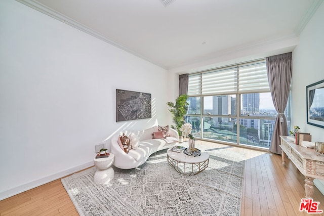 living room featuring crown molding, a wall of windows, and wood-type flooring