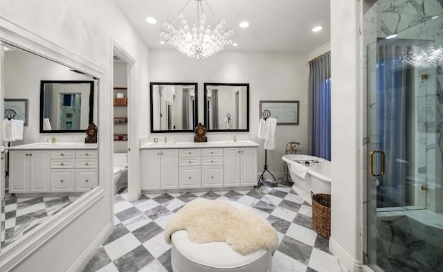 full bathroom featuring plus walk in shower, an inviting chandelier, toilet, and vanity