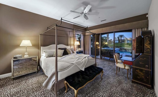 bedroom with ceiling fan, access to outside, and carpet