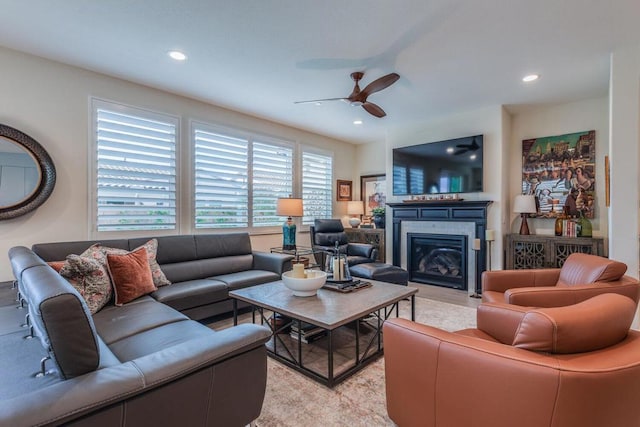 living room with ceiling fan