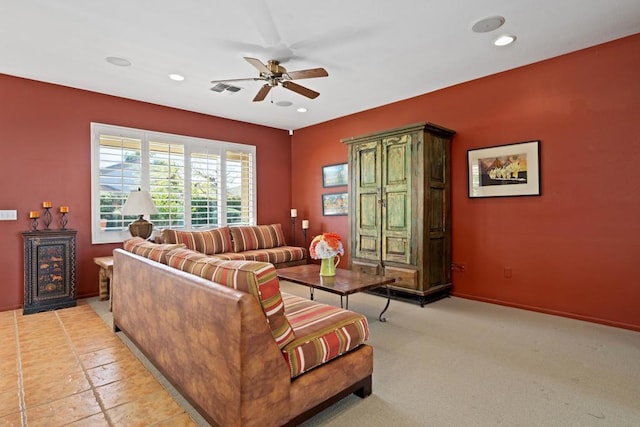 living room featuring ceiling fan