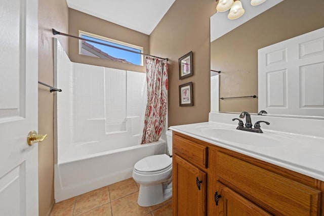 full bathroom with toilet, shower / tub combo, tile patterned floors, and vanity