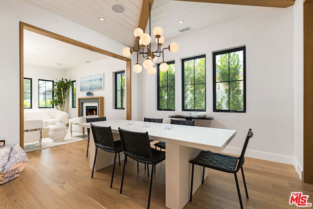 dining room with wood ceiling, light hardwood / wood-style floors, plenty of natural light, a notable chandelier, and beam ceiling