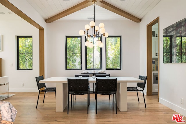 dining space with light hardwood / wood-style floors, lofted ceiling with beams, and a chandelier