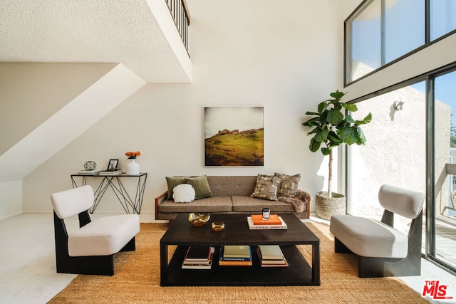 living room with light colored carpet and a textured ceiling