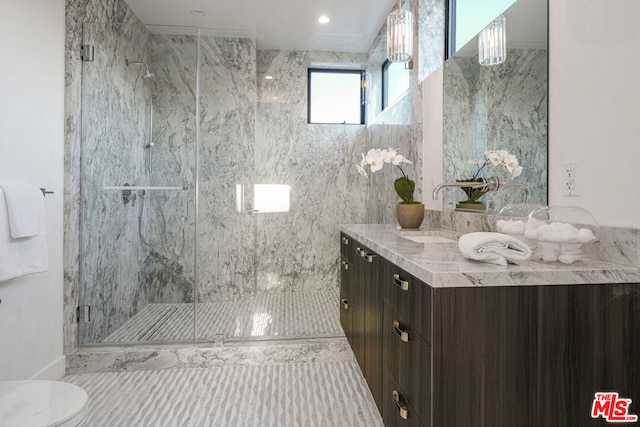 bathroom featuring toilet, vanity, and walk in shower