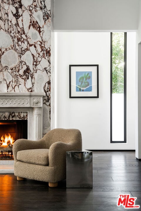 sitting room featuring a fireplace and hardwood / wood-style flooring