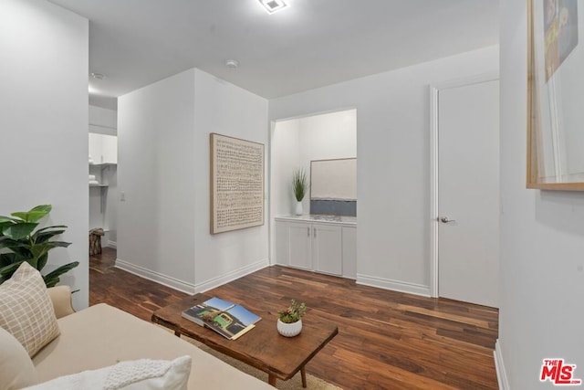 living room featuring dark wood-type flooring