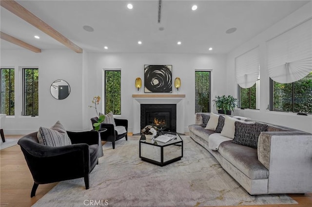 living room featuring light hardwood / wood-style floors, plenty of natural light, and beamed ceiling