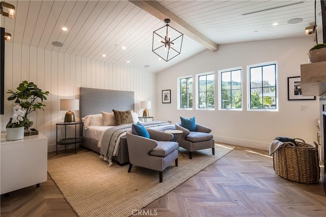 bedroom with vaulted ceiling with beams, a notable chandelier, and light parquet floors