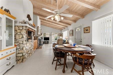 dining room with ceiling fan, a healthy amount of sunlight, wood ceiling, and beamed ceiling