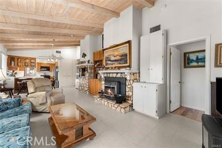 living room featuring wooden ceiling, vaulted ceiling with beams, and ceiling fan