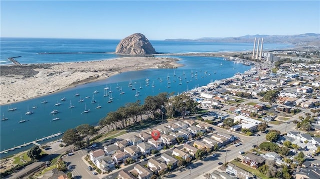 aerial view with a water view and a view of the beach