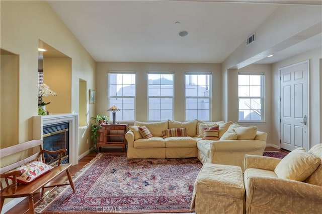 interior space featuring hardwood / wood-style flooring, vaulted ceiling, and a wealth of natural light