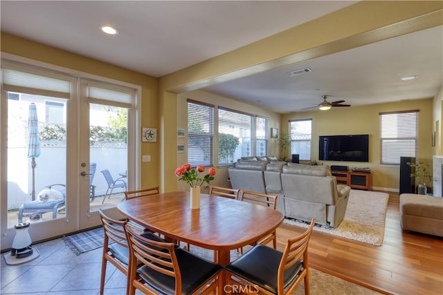 dining area featuring french doors, recessed lighting, visible vents, a ceiling fan, and light wood-type flooring