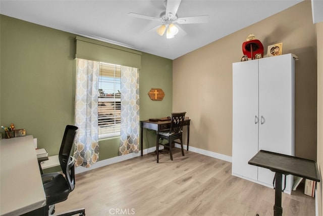 office space with ceiling fan and light hardwood / wood-style flooring