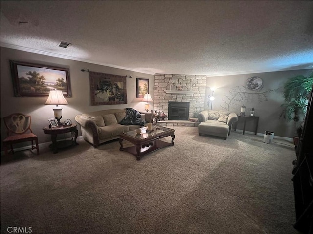 living room with a textured ceiling, ornamental molding, carpet, and a fireplace