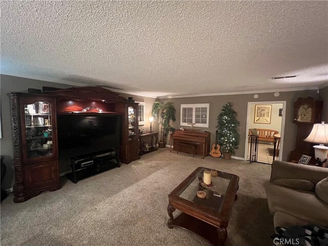 carpeted living room with a textured ceiling and ornamental molding