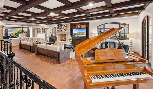 tiled living room with beam ceiling, coffered ceiling, and decorative columns