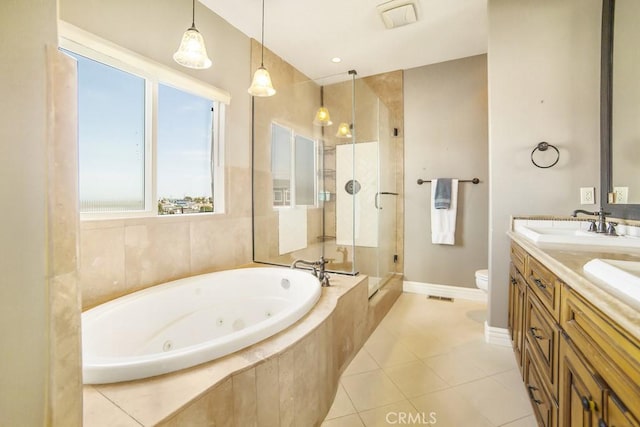 full bath with double vanity, toilet, a stall shower, a tub with jets, and tile patterned floors