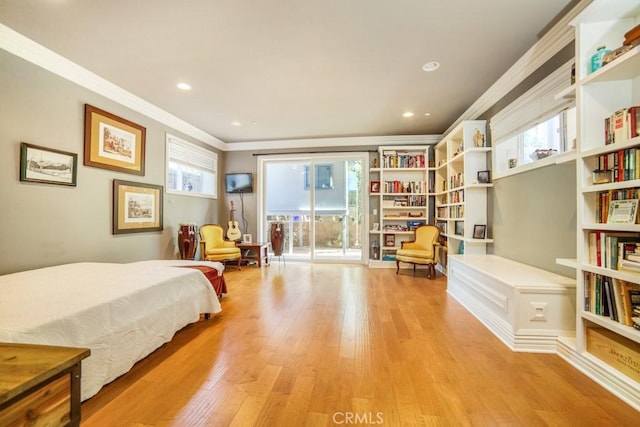 bedroom with light wood-type flooring, access to exterior, crown molding, and recessed lighting