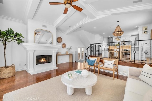 1612 Speyer Ln, Redondo Beach, CA 90278 - living area with ceiling fan, wood finished floors, a fireplace with flush hearth, recessed lighting, and crown molding